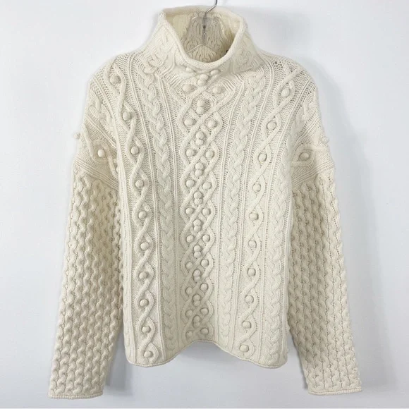 Theory Wool Cashmere Mixed Cable Knit Pom Pom Sweater Size Small NWT Ivory